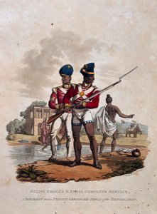 Native Troops, East India Companys Service, A Sergeant of Light Infantry and Private of Madras Sepoys, from Costumes of the Army of the British Empire, according to the last regulations 1812, engraved by J.C. Stadler, published by Colnaghi and Co. 1812-1