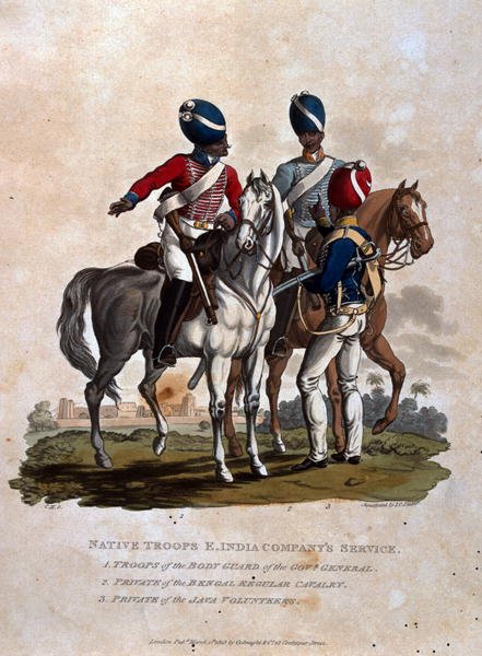 Native Troops, East India Companys Service, Troops of the Body Guard of the Governor General, Private of the Bengal Regular, from Costumes of the Army of the British Empire, according to the last regulations 1812, published by Colnaghi and Co. 1812-15