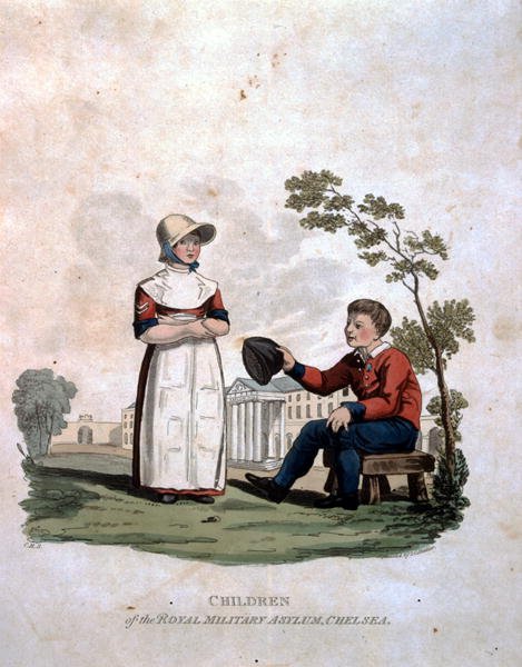 Children at the Royal Military Asylum, Chelsea, from Costumes of the Army of the British Empire, according to the last regulations 1812, engraved by J.C. Stadler, published by Colnaghi and Co. 1812-15