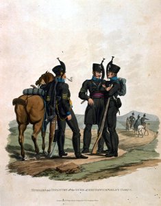 Hussars and Infantry of the Duke of Brunswick Oelss Corps, from Costumes of the Army of the British Empire, according to the last regulations 1812, engraved by J.C. Stadler, published by Colnaghi and Co. 1812-15