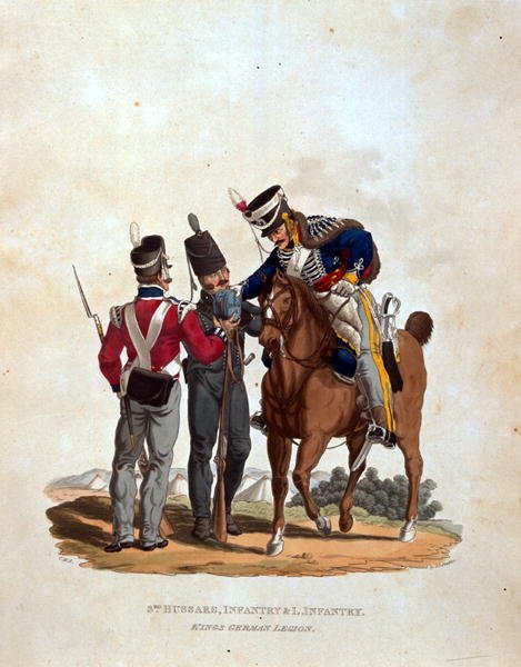 3rd Hussars, Infantry and Light Infantry, Kings German Legion, from Costumes of the Army of the British Empire, according to the last regulations 1812, engraved by J.C. Stadler, published by Colnaghi and Co. 1812-15