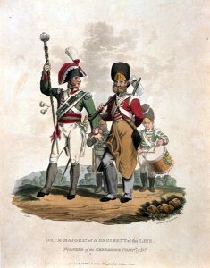 Drum Major and Co of a Regiment, of the Line with Pioneer of the Grenadier Company of D, from Costumes of the Army of the British Empire, according to the last regulations 1812, engraved by J.C. Stadler, published by Colnaghi and Co. 1812-15