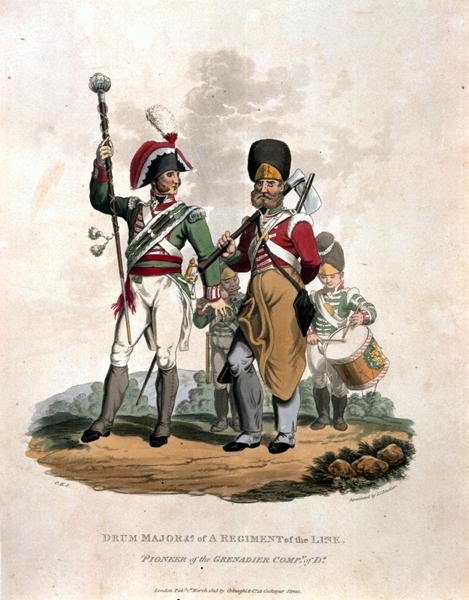 Drum Major and Co of a Regiment, of the Line with Pioneer of the Grenadier Company of D, from Costumes of the Army of the British Empire, according to the last regulations 1812, engraved by J.C. Stadler, published by Colnaghi and Co. 1812-15