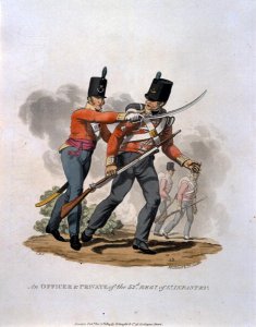 An Officer and Private of the 53rd Regiment of Light Infantry, from Costumes of the Army of the British Empire, according to the last regulations 1812, engraved by J.C. Stadler, published by Colnaghi and Co. 1812-15