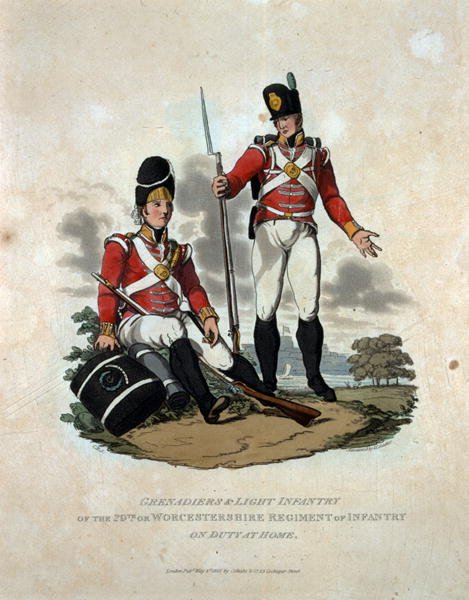 Grenadiers and Light Infantry of the 29th or, Worcestershire Regiment of Infantry on Duty at Home, from Costumes of the Army of the British Empire, according to the last regulations 1812, engraved by J.C. Stadler, published by Colnaghi and Co. 1812-15