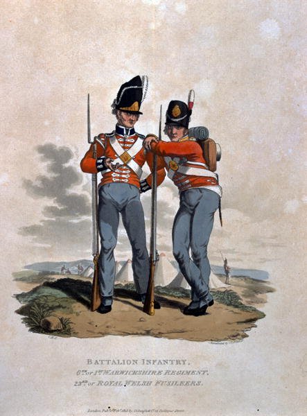 Battalion Infantry 6th Regiment and 23rd or Royal Welsh Fusiliers, from Costumes of the Army of the British Empire, according to the last regulations 1812, engraved by J.C. Stadler, published by Colnaghi and Co. 1812-15