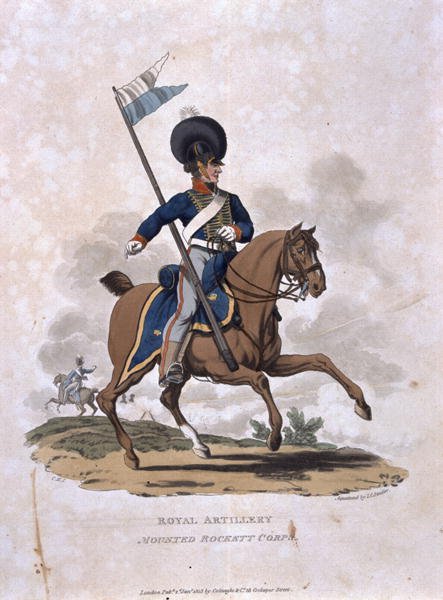 Royal Artillery Mounted Rockett Corps, from Costumes of the Army of the British Empire, according to the last regulations 1812, engraved by J.C. Stadler, published by Colnaghi and Co. 1812-15