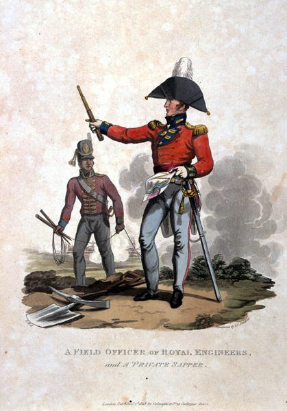 A Field Officer of Royal Engineers and a Private Sapper, from Costumes of the Army of the British Empire, according to the last regulations 1812, published by Colnaghi and Co. 1812-15