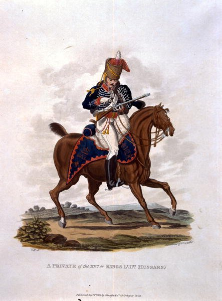 A Private of the 15th, or Kings Hussars, from Costumes of the Army of the British Empire, according to the last regulations 1812, engraved by J.C. Stadler, published by Colnaghi and Co. 1812-15