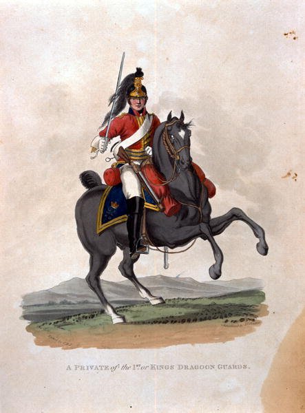 A Private of the 1st, or Kings Dragoon Guards, from Costumes of the Army of the British Empire, according to the last regulations 1812, engraved by J.C. Stadler, published by Colnaghi and Co. 1812-15