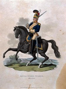 A soldier of the Royal Horse Guards, from Costumes of the Army of the British Empire, according to the last regulations 1812, engraved by J.C. Stadler published by Colnaghi and Co. 1812-15