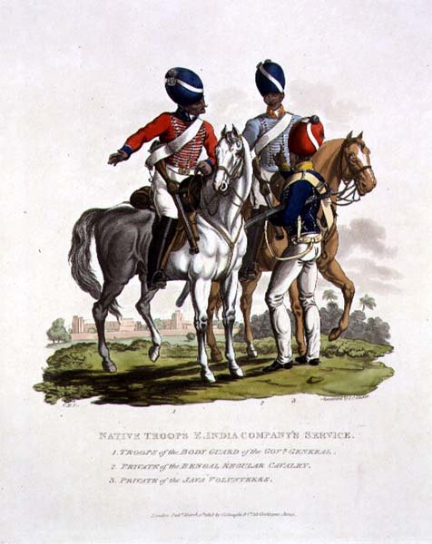 Native Troops in the East India Companys Service a Trooper of the Body Guard of the Governor General, a Private of the Bengal Regular Cavalry and a Private of the Java Voluntary, engraved by Joseph Constantine Stadler, 1815