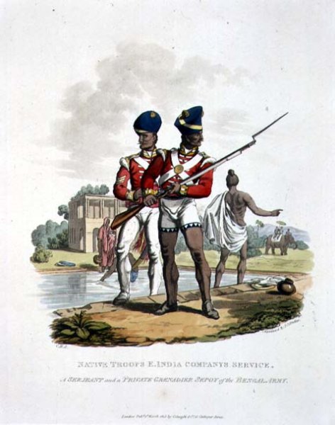 Native Troops in the East India Companys Service a Sergeant and a Private Grenadier Sepoy of the Bengal Army, engraved by Joseph Constantine Stadler, 1815