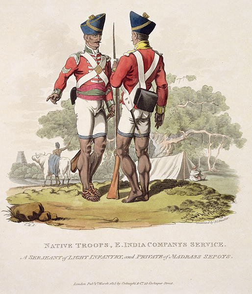 Native Troops in the East India Companys Service a Sergeant of Light Infantry and a Private of the Madras Sepoys, engraved by Joseph Constantine Stadler, 1815