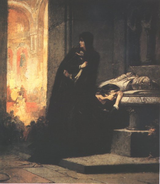 Queens Elisabeth and Mary at the Tomb of King Lajos the Great in 1385 sketch 1862