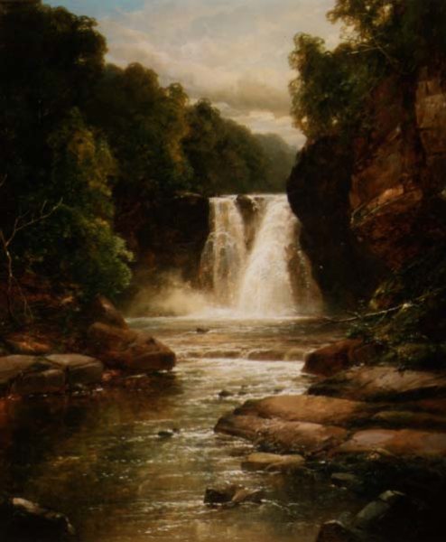 A Wooded River Landscape with Waterfall