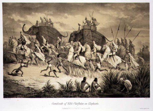 Cavalcade of Sikh Chieftains on Elephants, from 'Voyage in India', engraved by Louis Henri de Rudder 1807-81 pub. in London, 1858