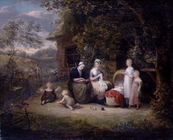 Family Group before a Thatched Cottage