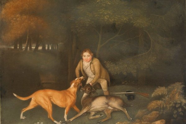 Freeman, Keeper to the Earl of Clarendon, with a hound and a wounded doe, 1804