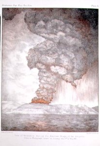 Krakatoa during the earlier stage of the eruption, after a photograph taken in 1883, plate 1 from The Eruption of Krakatoa, 1888