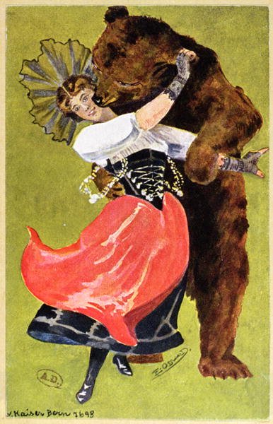 Postcard from Bern depicting a woman and a bear, c.1900