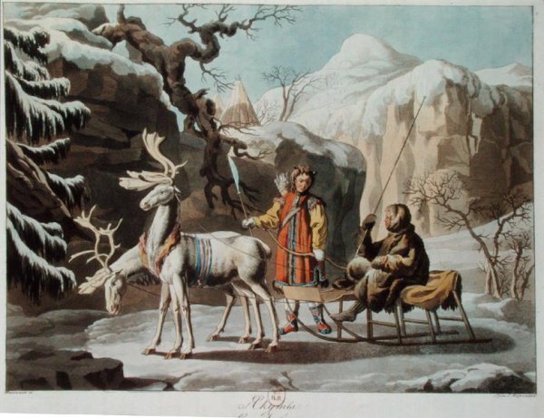 Yakuts of central Siberia in winter landscape, clad in furs and with a reindeer sledge, published 1813