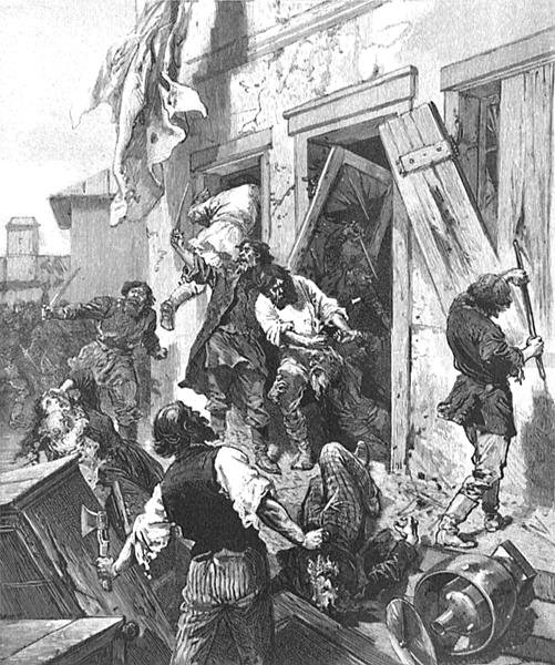 Attack on a Jewish house in Konnovino, near Nijni-Novgorod, 7th June 1884, in LIllustration, 2nd August 1884, from a sketch by Karazine, correspondent of LIllustration