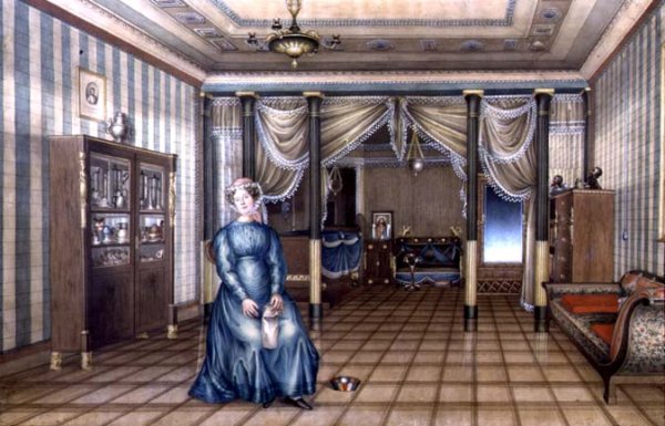 A Spinster in a Neo-Classical Sitting Room Interior, c.1835