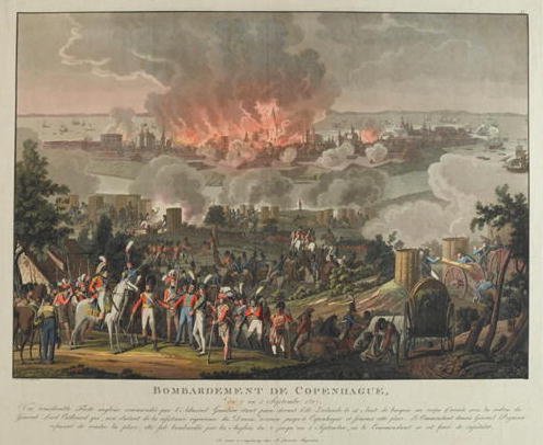 Bombardment of Copenhagen, 2nd-5th September 1807, coloured aquatint by and after J. Laurent Rugendas, published by J. Laurent Rugendas, Augsburg, 1807