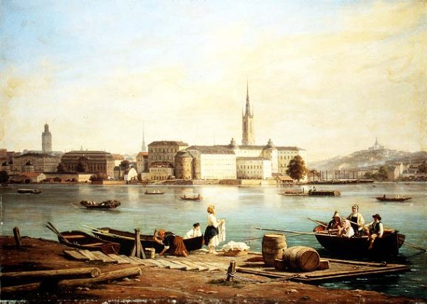 A view of Riddarholmen on Lake Malaven with the Ridarhuset and the Riddarholms church beyond, Stockholm