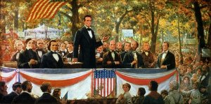 Abraham Lincoln and Stephen A. Douglas debating at Charleston, Illinois on 18th September 1858, 1918