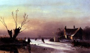 A winter river landscape with numerous skaters