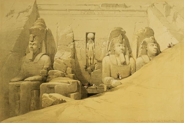 Front Elevation of the Great Temple of Aboo Simbel, Nubia, plate 44 from volume II of Egypt and Nubia, engraved by Louis Haghe 1806-85 pub. 1849