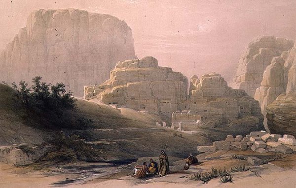 Lower End of the Valley showing the Acropolis, Petra, March 9th 1839, plate 102 from Volume III of The Holy Land, engraved by Louis Haghe 1806-85 pub. 1849