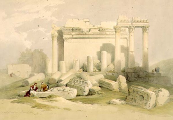 Ruins of the Eastern Portico of the Temple of Baalbec, May 6th 1839, plate 83 from Volume II of The Holy Land, engraved by Louis Haghe 1806-85 pub. 1843