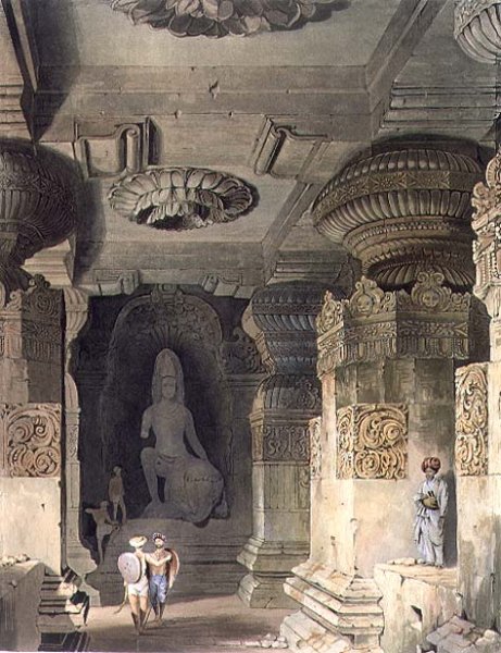 Interior of the Cave Temple of Indra Subba at Ellora, from Volume II of Scenery, Costumes and Architecture of India, drawn by David Roberts (1796-1864) etched by Thomas Kearnan fl.1821-50 and engraved by Henry Pyall 1795-1833 pub. by Smith, Elder an