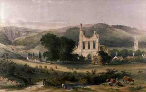 Byland Abbey from the South West, from The Monastic Ruins of Yorkshire, engraved by George Hawkins 1819-52, 1842