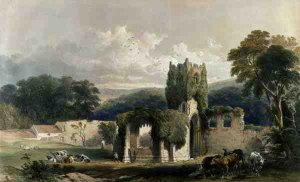 Mount Grace Priory, exterior of the church, from The Monastic Ruins of Yorkshire, engraved by George Hawkins 1819-52, 1842