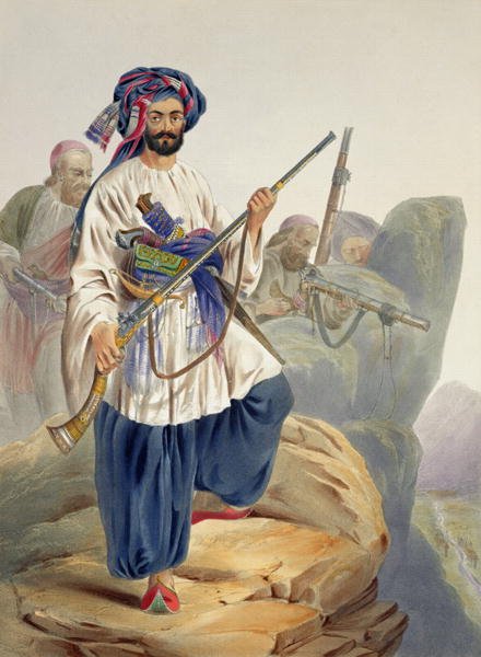 Ko-i-Staun Foot Soldiery in Summer Costume, Actively Employed among the Rocks, plate 12 from Scenery, Inhabitants and Costumes of Afghanistan, engraved by Robert Carrick c.1829-1904 1848