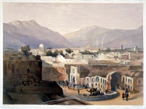 Mosque of Goolaum Hoossein Huzrut-Jee, the Great Prophet of the Afghauns, and the Tombs of the Kings at Kandahar, plate 30 from Scenery, Inhabitants and Costumes of Afghanistan, engraved by R. Carrick c.1829-1904, 1848