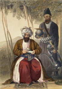 Mahommed Naib Shurreef, a Celebrated Kuzzilbach Chief of Caubul and his Peshkhidmut or Head Attendant, plate 15 from Scenery, Inhabitants and Costumes of Afghanistan, engraved by Robert Carrick c.1829-1904 1848