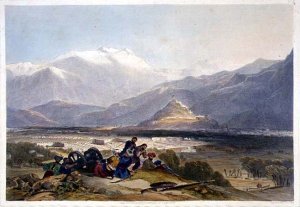 Bala Hissar and City of Kabul with the British Cantonments from the Ba Maroo Hill, Hostilities Commencing, plate 16 from 'Scenery, Inhabitants and Costumes of Afghanistan, engraved by R. Carrick c.1829-1904, 1848