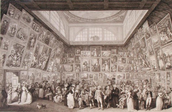 Interior view of Somerset House showing an exhibition of the Royal Academy of Arts in 1787, 1787