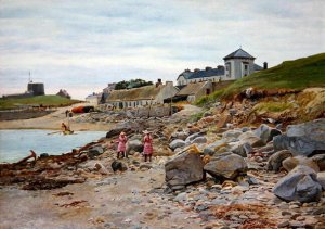 Kingsland, Cornwall, with two girls on a beach