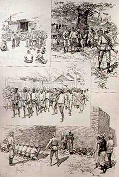 Sketches in Burmah Searching for Dacoits; Finding Dacoits; Marching Dacoits to Prison; Shooting Dacoits Outside the City Walls at Mandalay, from The Illustrated London News, 20th March 1886