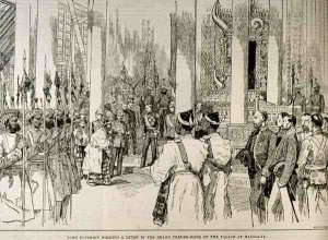 Lord Dufferin Holding Levee in the Grand Throne Room of the Palace at Mandalay, from The Illustrated London News, 4th March 1886