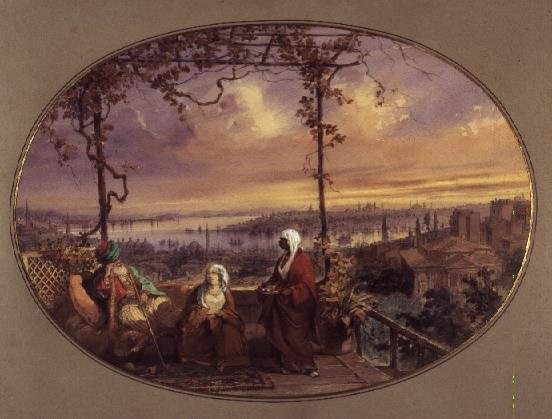 View from terrace of a house in Galata, with a Turk, his wife and servant looking towards the mouth of the Golden Horn and Bosphorus