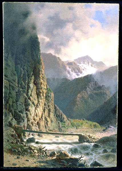 Plank bridge in a deep gorge in the Caucasus Mountains, c.1860