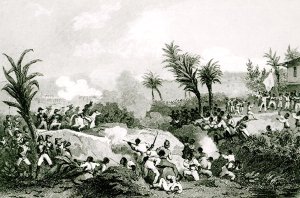 Black revolt in Santo Domingo, 16th September 1802, from Histoire Universelle du XIXe siecle, after Martine