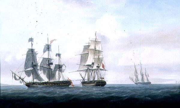 The Spanish frigate La Fama having outsailed the Medusa engages with and surrenders to H.M.S. Lively, c.1806